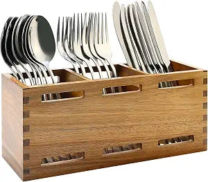 Silverware Caddy Organizer Counter Acacia Wood Cutlery Utensil Holder Party