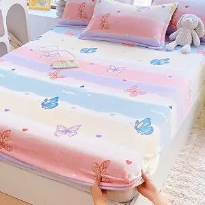 J-pinno Butterfly Pink Purple Kids Girls Teens Twin Bed Fitted Sheet Set, Soft Premium Velvet Flannel Fluffy Fleece Plush Thick Durable Bedding Set Deco GIF, Anti-Static, No Pilling