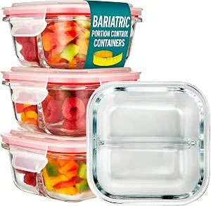 Glass Portion Control Bariatric Containers (3 Pack), 1 Cup Food Containers with Two 4 oz Compartments, 4oz Food Storage Containers for meal prep, Microwave Safe Glass Portion Containers with Lids