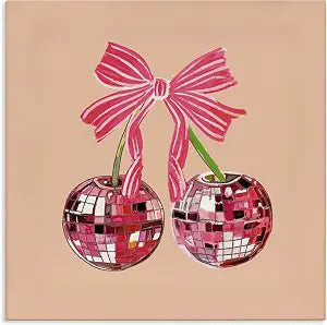Cherries with Pink Bow Glam, 24 x 24 Inch Canvas Wall Art