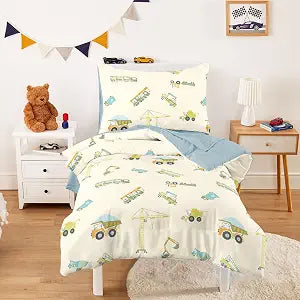 Wake In Cloud - Toddler Bedding Set for Boys, 100% Cotton Fabric, Construction Vehicles Excavator Truck, 4 Pieces Soft Crib Bed Set Including Comforter, Sheets and Pillowcase, Light Beige