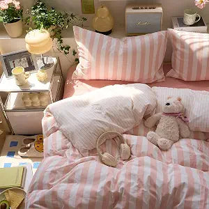 VM VOUGEMARKET Pink Striped Duvet Cover Set,Twin(68"x86"),Pink White