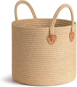 CHICVITA Jute Wicker Storage Basket with Leather Handles, 14" x 12"Jute