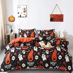Halloween Duvet Cover Queen Size Pumpkin Bedding Set Cartoon Ghost Candy Comforter Cover for Kids Room Decor Black Bedding with 1 Duvet Cover 2 Pillowcases