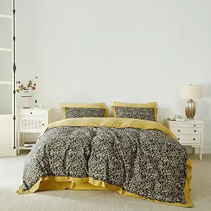 SUSYBAO Mustard Yellow Flower Duvet Cover Queen 100% Cotton 3 Pcs Set 1 Boho Vine Botanical Patterned Duvet Cover with Zipper Ties 2 Pillow Shams Decorative Hemmed Bohemian Floral Bedding Set Soft