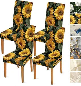 Chair Covers for Dining Chairs Set of 4, Yellow Background with Sunflower Design, Stretch Fit Washable Fabric, Cheerful Decorative Slipcovers for Home Kitchen