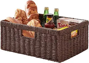 OIAHOMY Wicker Storage Basket, Rectangular Paper Rope Shelf Baskets with Built-in Handles, Woven Decorative Organizer for Pantry, Shelves, Living Room and Bathroom, 1-Pack Brown