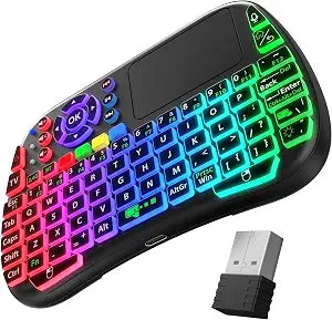 Fosmon Mini Keyboard with Touchpad Mouse, 2.4G & 5.2 Dual-Mode Multimedia Hotkeys, Small Wireless Bluetooth Handheld Keyboard with RGB Backlit for Android TV Box, Smart TV, Raspberry Pi, PC, Phone
