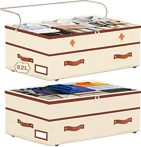 Dolicer 2 Pack Under Bed Storage with Wheels, 6in-10in Height Adjustable Underbed Storage Containers, 92L XXXL Under Bed Drawers Rolling Bin with Clear Lids for Dorm Shoes Clothes Organizers(Beige)