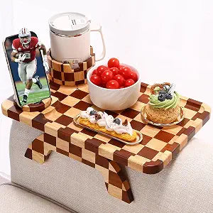 Checkered Rubber Wood Couch Arm Tray, Sofa Armrest Tray with Rotating Cup Holder & Phone Stand, Large Clip-on Sofa Side Table Furniture for Drinks & Remote, 15.36"x9.85", Gift Box