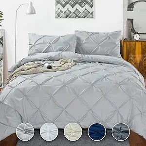 Tyfitb Pinch Pleat Duvet Cover Twin Size Light Grey Oversized Duvet Cover Set 2 Piece Floral Pintuck Bedding Set with Zipper Closure