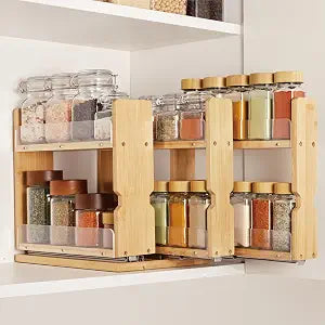 Bamboo Pull Out Spice Rack Organizer for Cabinet, 3 Slide-Out Drawers(2"&3") with Wide Drawer for Large Bottles, Kitchen Pantry Heavy-Duty Sliding Vertical Organization, 8.6"W,2-Tier,Natural