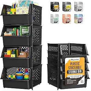Skywin Stackable Storage Bins Open Front for Pantry Storage, 4 Pack - Black
