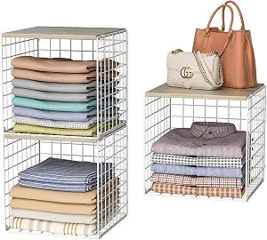 Hencawima 3PCS Stackable Closet Organizers and Storage, Closet Shelves with Wood Top Extra Storage, Clothes Storage Organizer Basket Bin/Cube for Home Wardrobe Organization(White-Sturdy Metal)