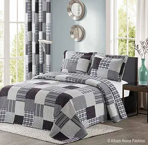 All American Collection Black and Grey Modern Plaid Bedspread and Pillow Sham Set | Matching Curtains Available! (Twin Size)