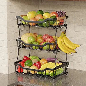 Giwil 3 Tier Countertop Fruit Basket for Kitchen, Vegetable Storage Bread Fruit Bowl Stand with 2 Banana Hooks, Wall Mounted Metal Wire Basket Organizer for Potato Onion, Black