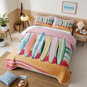Manfei Surfboard Quilted Bedspread Twin Size,Hawaii Beach Surfing Sports Quilt Bedding Set 2 Pieces,Summer Surboard Vacation Seaside Bed Covers for All Season,Pink Quilted Coverlet,1 Pillowcase