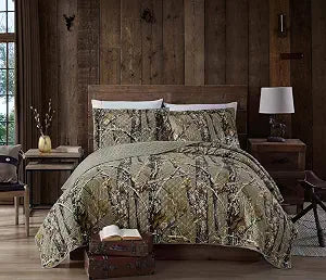 Chezmoi Collection Salem 3-Piece Cabin Lodge Forest Woods Pre-Washed Quilt Set - Nature Camo Tree Leaves Printed Soft Lightweight Microfiber Bedspread for All Season - Natural, King