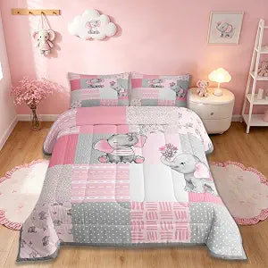 Castle Fairy Girly Cute Elephant Comforter Set King Size,Pink Gray Plaid Geometric Bedding Set All Season Quilt Set,Cartoon Animals Stripes Dots Microfiber Polyester Down Comforter