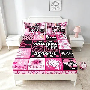 Volleyball Fitted Sheet Twin Size,Geometric Plaid Patchwork Bedding Set 2pcs for Kids Girls Teens Room Decor,Ball Sports Themed Bed Sheet Fashion Pink Black Deep Pocket Sheet,1 Pillowcase