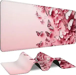 Pink Butterfly Mouse Pad Large Floral Desk Mat with Stitched Edges