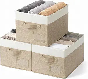 GRANNY SAYS Closet Shelf Baskets with Label, Khaki&Ivory, Large, 3-Pack