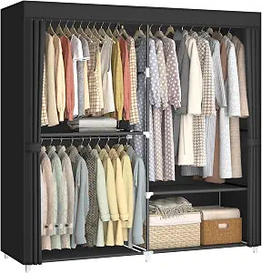 MOGELAFOO 62.5 Portable Closet, Freestanding Wardrobe Clothes Rack with Fabric Cover, 3 Hanging Rods and 4 Storage Shelves for Bedroom, Black