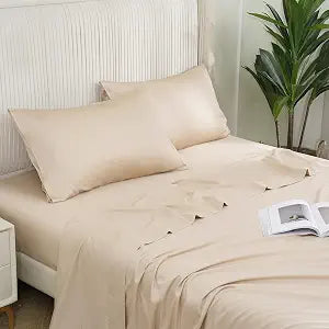 DOWNCOOL Queen Sheet Set - 100% Cotton Sheets Queen Size Set, 400 Thread Count Sateen, 16" Deep Pocket, Silky Soft & Breathable Cooling, 4-Piece Hotel Luxury Sheet Set, Beige