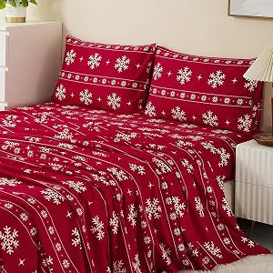 Vaulia Christmas Sheets Queen, 4 Pieces Bedding Set, Red White Snowflake