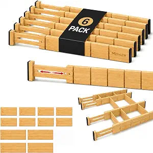 6 Pack Bamboo Drawer Dividers with 12 Inserts, Adjustable 1722 Inch Expandable Drawer Organizer for Kitchen, Dresser & Closet, Bamboo Kitchen Drawer Organizer, Drawer Divider Set