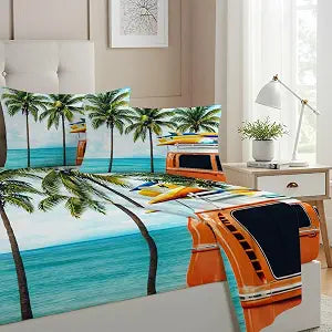 Allenjoy Seaside Vacation Palm Tree Sheets Set with Fitted Sheet, Flat Sheet and 1 Pillowcase for Bedding Bedroom Decor, Decorations for Kids Men Boys Women Girls Twin Size