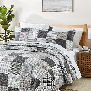 HIARUO Quilt Set Twin Size, 2 Pieces Bedspread Coverlet Plaid Patchwork Quilt Farmhouse Twin Size Comforter Set Lightweight Bedding with 1 Pillow Cover Sham for All Season Gray Brown White