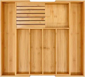 VaeFae Bamboo Silverware Drawer Organizer, 7 Slots, Natural