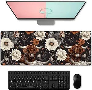 Rustic Highland Cow & Floral Gaming Mouse Pad, Large Cows Desk Mat for Laptop Keyboard Computer, Non-Slip Rubber Base Desktop Extended Mousepad for Office Home Accessories 31.5"11.8"