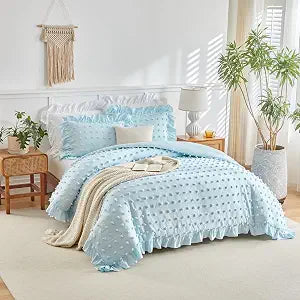 Flysheep Tufted Dots Ruffle Duvet Cover Set Queen Size, 3 Pieces Vintage Farmhouse Shabby Chic Ruffled Duvet Cover with Zipper Closure, Luxury Jacquard Boho Bohemian Bedding Set (Blue, Queen)