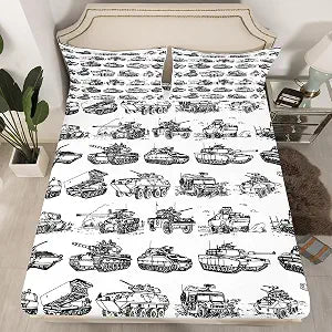 Cartoon Tanks Kids Fitted Sheet Twin Size,War Theme American Tanks Cartoon Bedding Set,Boys Girls Men Room Decor,Hand-Painted Sketch Tanks Bed Cover,Black White Bed Sheet,1 Pillowcase