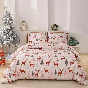 BOLINLIVING Christmas Duvet Cover Twin Size, Kid's White Christmas Bedding Set Printed with Reindeer and Tree, Holiday Decorative Soft Microfiber Comforter Cover with 2 Pillow Shams