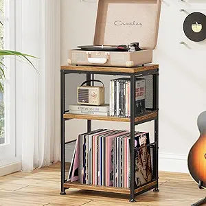 Simple Trending Record Player Stand, Turntable Stand with Vinyl Storage Holds Up to 200 Albums, Large Record Player Table with Adjustable Divider, Rustic Brown
