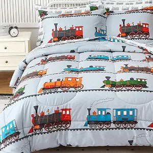 Viviland Kids Twin Bedding Sets, Boys Comforter, Light Grey Train