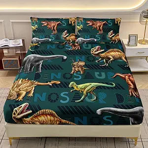 AILONEN 3D Dinosaur Fitted Sheet Twin XL Size, Cartoon Dinosaur Bedding Sets Bed Sheet Set,Green Theme Bedsheets Set 3 Pcs,1 Deep Pocket and 2 Pillowcases