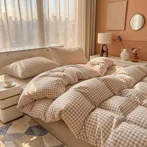 3pc Queen Gingham Checked Duvet Cover Set Washed Microfiber Taupe