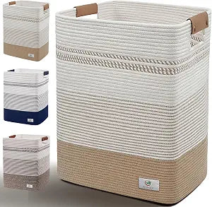 Large Laundry Hamper Basket, 85L Cotton Rope Woven Storage Bin for Blankets, Dirty Clothes Toys, Decorative Tall Basket with Leather Handles for Living Room, Bedroom, Bathroom, Nursery, Jute