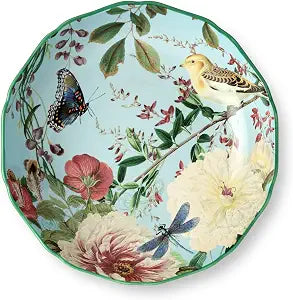 Flora Ceramic Serving Bowl 13" x 3" Large Decorative Bowl with Pastel Floral, Butterfly, and Bird Patterns, Ideal for Salads, Pastas, Fruits, and Side Dishes
