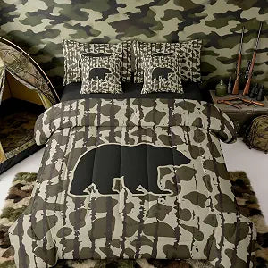 Feelyou Camouflage Camo Bear Comforter Set with Sheets 7 Piece Queen Size Cute Hunting Wild Animal Deer Bedding Set for Kids Boys Girls Rustic Farmhouse Bed in a Bag Decor Soft Lightweight Microfiber