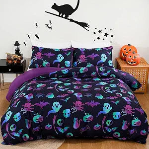 Menghomeus Halloween Bedding Set Queen Size, 3 Pcs Black Duvet Cover Set