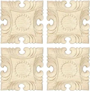 4 Pcs Decorative Wood Flower Carved Appliques Onlays Decals, 4 x 4 Inch Unpainted Solid Wooden Square Carving Decal Trim Applique for Furniture Cabinet Closet Decoration