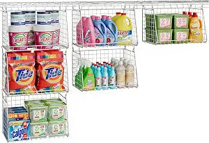 3-Pack Large Hanging Laundry Basket: Wire shelves for Laundry Room Organization with 360Rotating Hooks Foldable Space Saving Over Washer and Dryer Shelves -Metal Laundry Basket Holder, White Patent