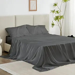 Short Queen Satin Sheet Set 15 Inch Pocket Dark Grey