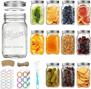 Mason Jars 32 oz,12 Pack Large Wide Mouth Mason Jar with Airtight Lids and Bands|Quart Glass Canning Jars for Pickling, Fermenting and Food Storage Microwave&Dishwasher Safe (12pack)