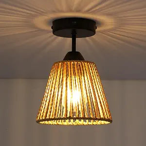 12V Boho Rattan Ceiling Light Fixture with On/Off Switch (Bulb Included), Rustic Hand Woven Chandelier Light Fixture, RV Farmhouse Flush Mount Fixture for Boat, Motorhome, Trailer, Camper